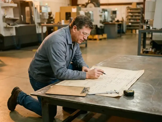 Kwaliteitsconsultant knielt bij stalen werktafel en bestudeert productieworkflowdiagram in fabriek met warm amberkleurig licht.