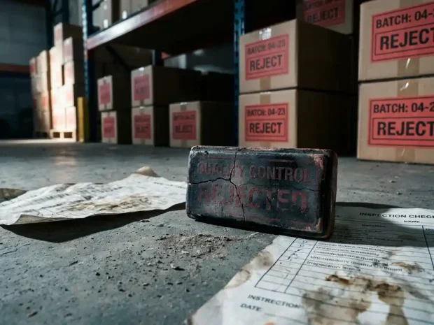 Gebarsten keramisch kwaliteitsstempel op betonnen fabrieksvoer, omringd door keuringsdocumenten met afgekeurde productbatch op achtergrond.