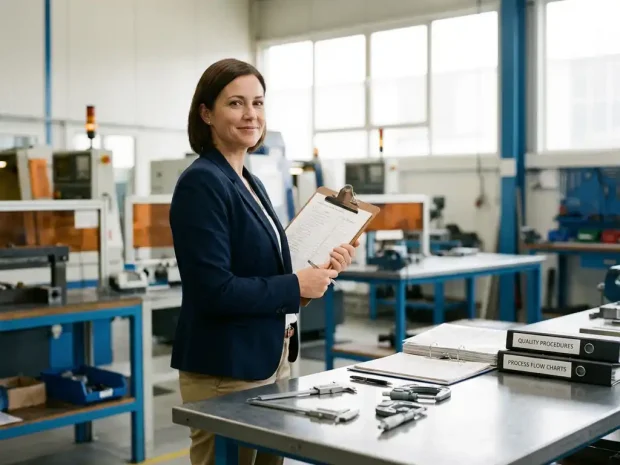 Professional controleert kwaliteitsmanagement checklist op klembord in industriële werkplaats met precisie-instrumenten op stalen werkbank.