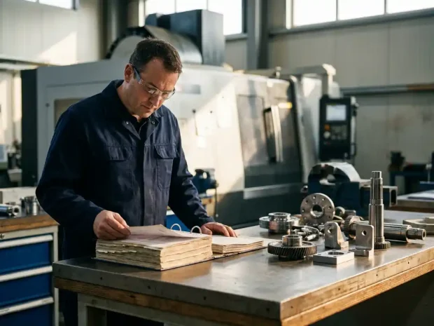 Kwaliteitsingenieur bestudeert technische normenmap op stalen werkbank, omringd door precisieonderdelen in verlichte productiefaciliteit.