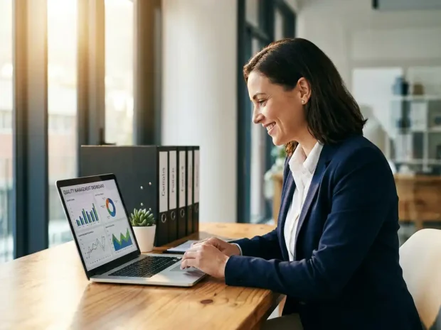 Consultant bekijkt kwaliteitsmanagement dashboard op laptop aan modern bureau met ordners en groene plant in warm kantoorlicht.
