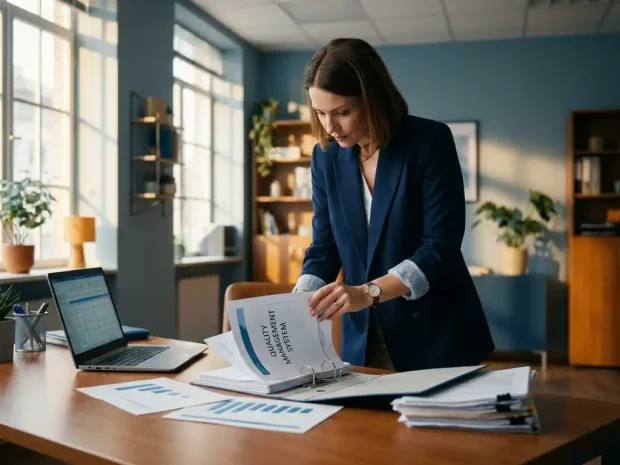 Professional in blazer bestudeert kwaliteitsmanagement-map op industrieel bureau met procesdocumentatie en laptop in modern kantoor.