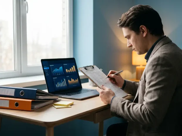 Kwaliteitsmanager bestudeert auditrapport op klembord aan modern bureau met laptop, compliance-mappen en sticky notes.