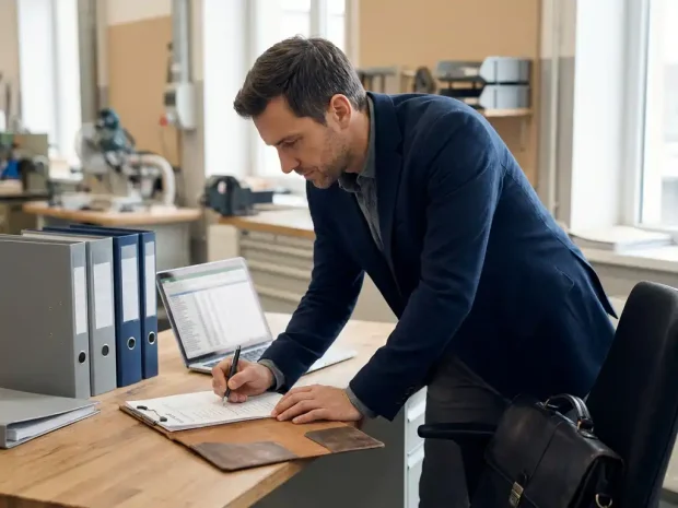 Kwaliteitsmanager controleert processenlijst op klembord aan werktafel met ordners, laptop en aktetas in modern mkb-kantoor.