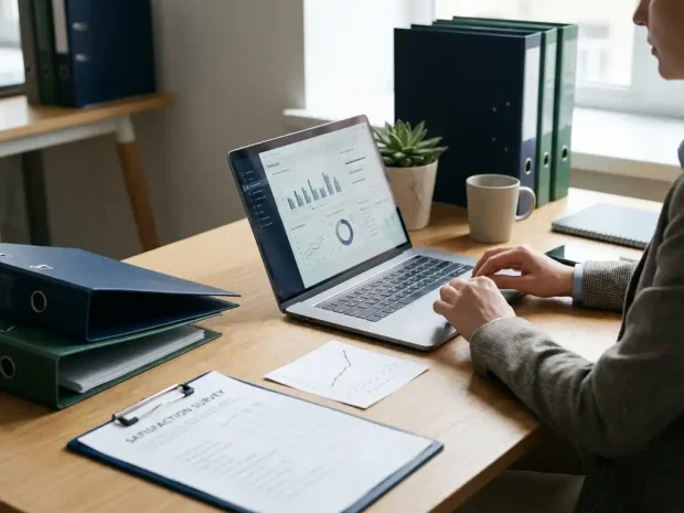 Kwaliteitsmanager bekijkt feedbackdashboard op laptop, omringd door procesordners en tevredenheidssurvey op zakelijk bureau.