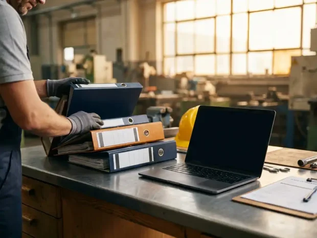 Kwaliteitsmanager ordent kleurgecodeerde procesbinders op industrieel bureau met laptop, helm en veiligheidsklembord in warm fabrieksatelier.