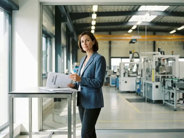 Professional in zakelijk pak bestudeert kwaliteitsmanagement-ringband op staand bureau, met zichtbare fabrieksvloer van mkb-bedrijf op achtergrond.