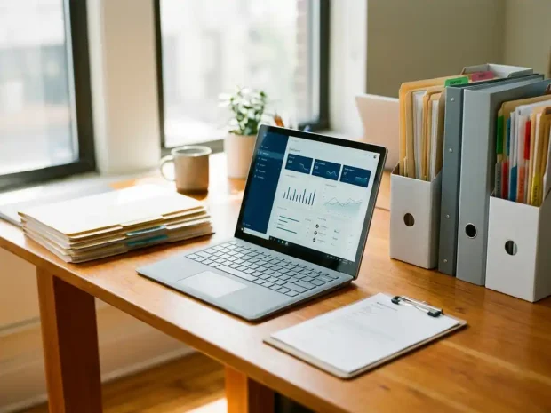 Microsoft Surface laptop op een modern bureau naast georganiseerde procesdocumenten, met een dashboard op het scherm en warm natuurlijk licht.