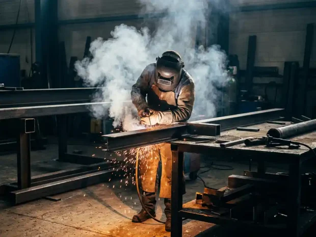 Lasser omringd door witte dampen en vonken bij staalbewerking in industriële werkplaats, dramatisch verlicht door het lasbooglicht.