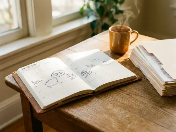 Opengeslagen leren planner op eikenhouten bureau met handgeschreven maandkalender, stapel documenten en dampende koffie in warm ochtendlicht.