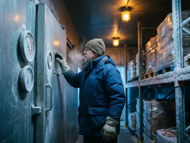 Magazijnmedewerker in thermisch jack controleert temperatuurmeters op industriële vriesunit, adem zichtbaar als mist in bevroren lucht.