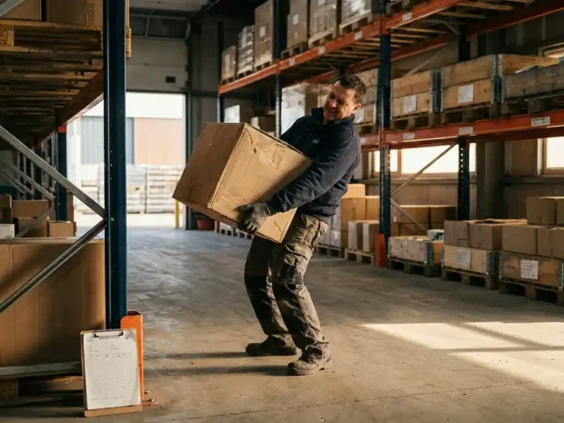 Magazijnmedewerker tilt zware kartonnen doos met gespannen onderrug, stalen stellingen en veiligheidsbord op achtergrond.