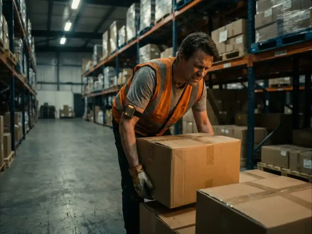 Magazijnmedewerker tilt zware kartonnen doos in industrieel pakhuis, met gloeiende digitale polssensor voor ergonomische monitoring.