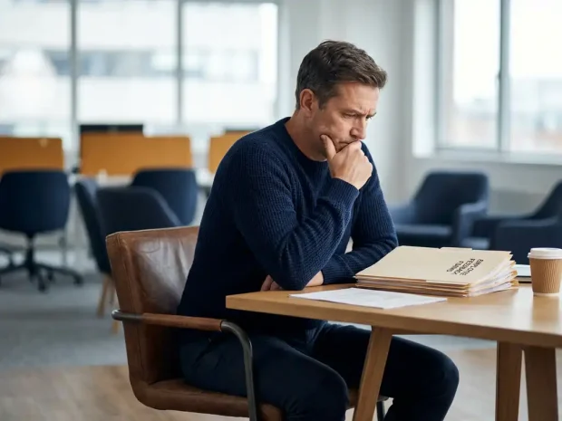 Manager aan modern bureau, peinzend kijkend naar stapel medewerkerfeedbackformulieren, hand onder kin, open kantoorruimte op achtergrond.