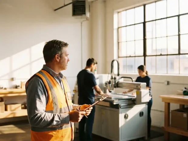 Manager loopt door moderne industriële werkplaats en observeert medewerkers bij machines, klembord onder de arm, gouden daglicht.