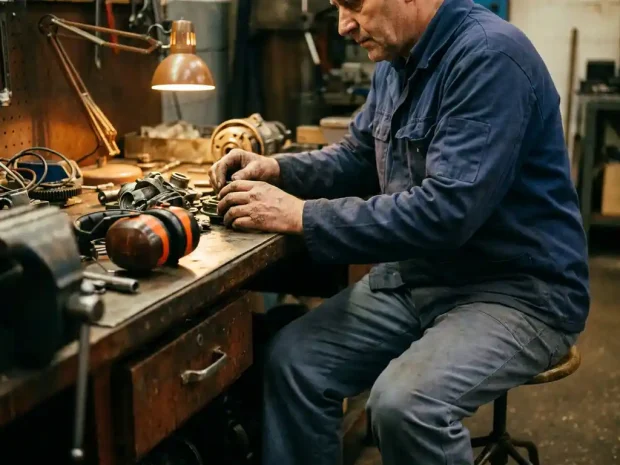 Vermoeide technicus aan industriële werkbank met metaalonderdelen, handen in rust onder warm lamplicht, ongebruikte gehoorbeschermers naast hem.