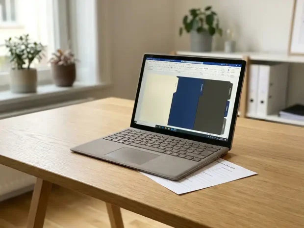 Microsoft Surface laptop op modern bureau met gestructureerd digitaal document op scherm en gedrukte compliance checklist eronder.