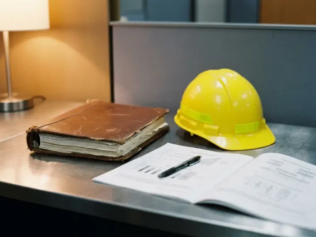 Versleten leren juridische map en gele bouwhelm op stalen bureau met opengeslagen compliance documenten en pen.