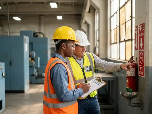Nieuwe medewerker met klembord en veiligheidschecklist begeleid door collega bij nooduitrusting in industriële werkruimte.