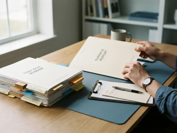 Onderzoeker opent dun rapport naast dik, kleurgecodeerd dossier vol sticky notes op modern bureau, zachte natuurlijke zijdelingse belichting.
