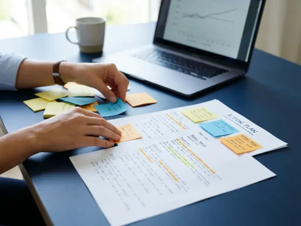 Onderzoeker ordent kleurgecodeerde sticky notes en geannoteerde rapporten tot een actieplan op een bureau, met laptop en natuurlijk raamlicht.