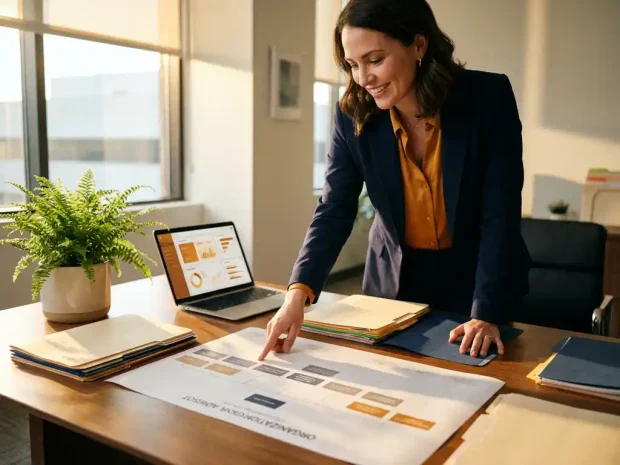 Adviseur in zakelijke kleding bestudeert groeiend organogram op modern bureau met kleurgecodeerde mappen, laptop en groene plant.