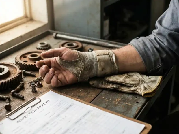 Arbeiderspols met versleten ondersteuningsbrace op industriële werkbank, omringd door metalen onderdelen en werkhandschoenen.