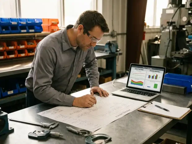Professional die een processtroomdiagram bestudeert op een industriële werktafel, met laptop, meetinstrumenten en klembord in warm licht.