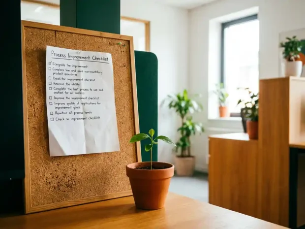 Vergeeld procesverbeteringsformulier op kurkbord met groen zaailing in kleine pot op kantoor, symbool voor duurzame groei.