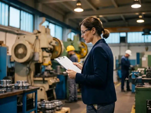 Professional in smart-casual kleding controleert technische productielijst op klembord op actieve fabriekswerkvloer met industriële machines.