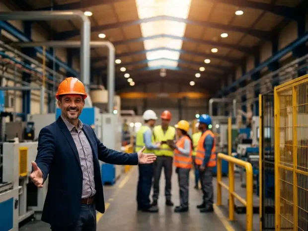 Manager met helm en colbert leidt team werkers de productievloer op, veiligheidsmaterialen op de achtergrond, warm industrieel licht.