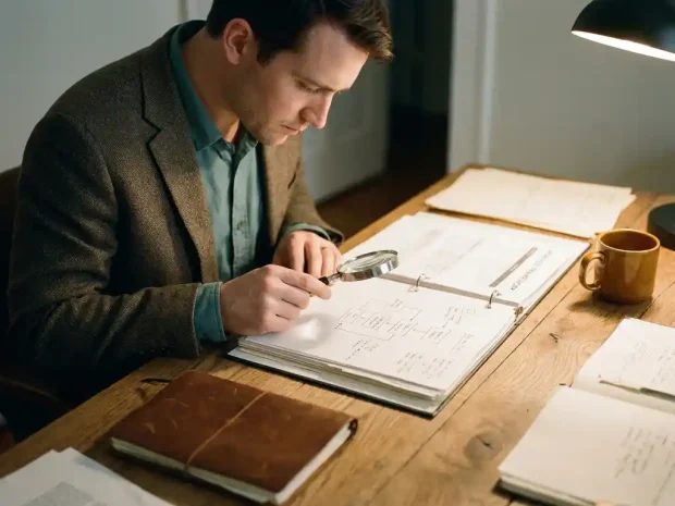 Professional die met vergrootglas procesdiagrammen en analyseframeworks bestudeert op een eiken bureau in warm kantoorlicht.