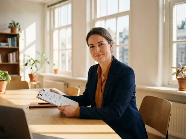 Professional bekijkt projectplanning op klembord aan modern bureau in licht Nederlands kantoor met warm natuurlijk licht.