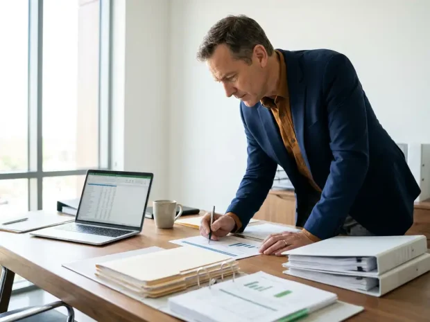 QHSE-adviseur bestudeert auditrapportages en datagrafieken aan een bureau, met pen wijzend naar bevinding, omringd door ordners en laptop.