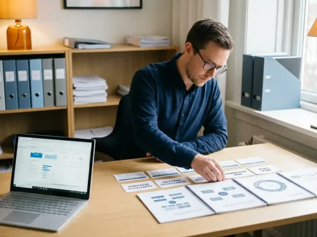 QHSE-adviseur aan modern bureau rangschikt onderzoeksmethodekaarten naast gestructureerde frameworks, laptop en kwaliteitsdocumenten op achtergrond.