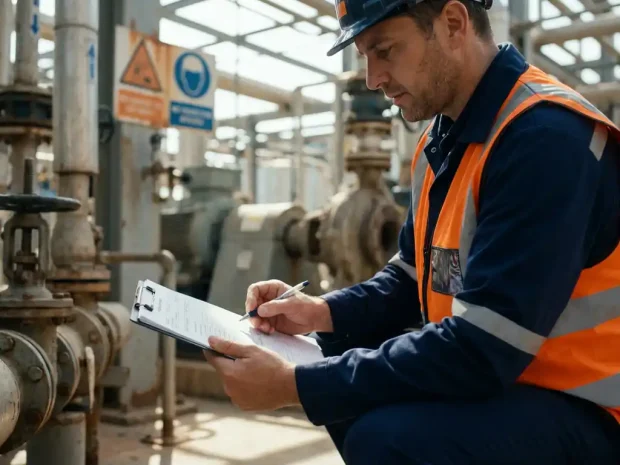 QHSE-manager in veiligheidsvest bestudeert inspectierapport op klembord bij industriële werkplek met machines op achtergrond.