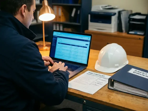 Veiligheidsadviseur bekijkt RI&E-actielijst op laptop naast ingevulde checklist, helm en veiligheidsmap op industrieel bureau.