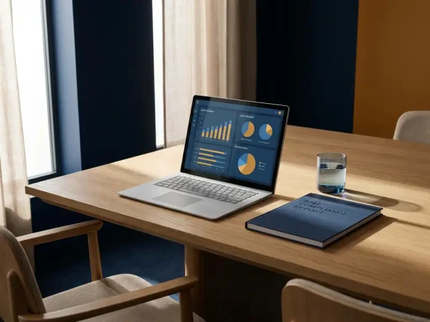 Laptop op vergadertafel met veiligheidsdashboard en RI&E-compliance rapport, kantooromgeving in marineblauw en amber tinten.