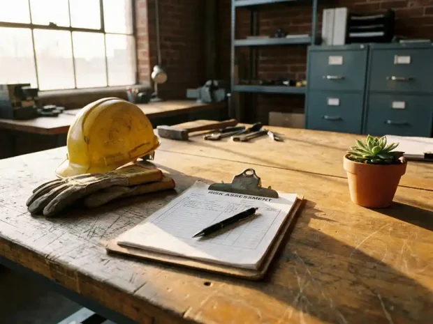 Opengeslagen risico-inventarisatieklembord met pen op versleten houten bureau, omringd door veiligheidshelm en werkhandschoenen in industrieel kantoor.