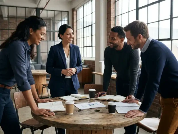 Teamleider aan ronde vergadertafel met drie collega's in modern industrieel kantoor, open notitieboeken en gedeeld document zichtbaar.