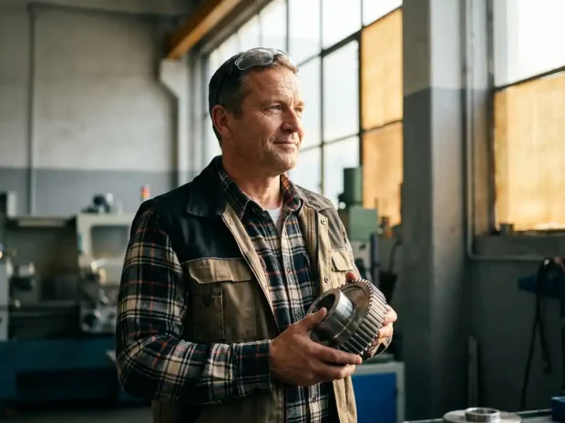 Middelbare werknemer inspecteert metalen onderdeel in industriële werkplaats, veiligheidsbril op voorhoofd, natuurlijk licht door fabrieksramen.