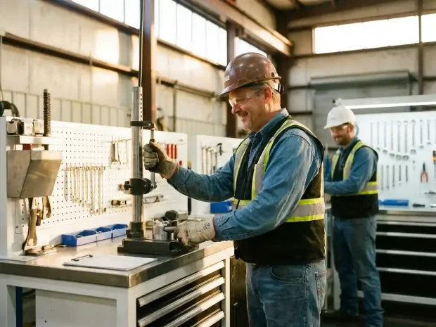 Middelbare werknemer in veiligheidsuitrusting voert ergonomische taak uit aan industrieel werkstation, collega observeert op achtergrond.