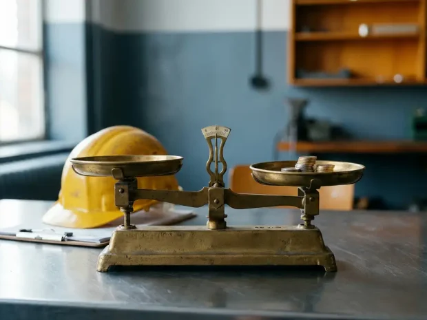 Versleten messing balansweegschaal met veiligheidshelm en klembord tegenover euromunten, symbool voor kosten en arbeidsrisico's.
