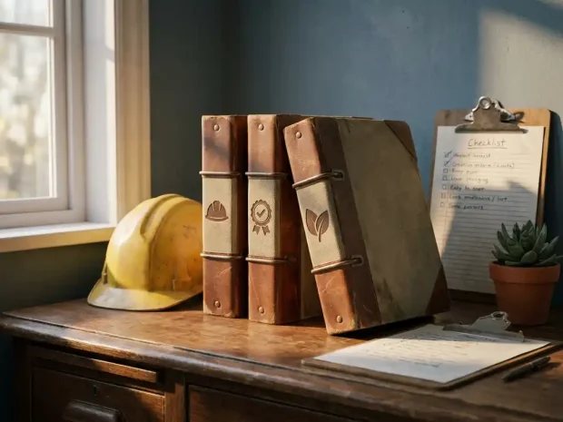 Drie professionele mappen voor veiligheid, kwaliteit en milieu op een houten bureau met helm, klembord en groene plant.