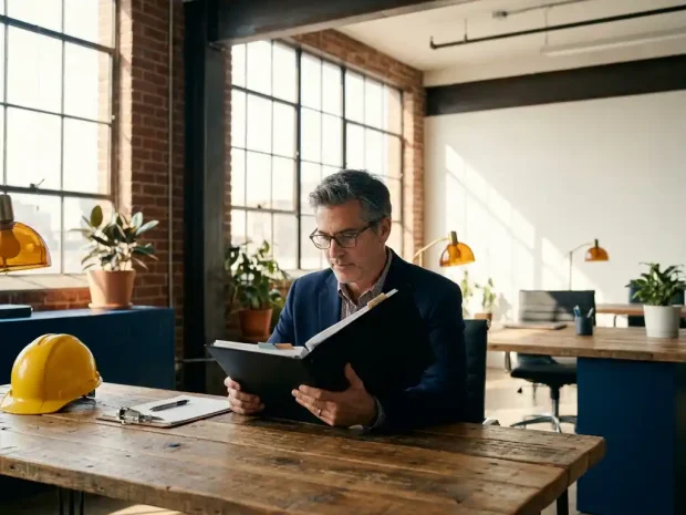 Ervaren professional in smart casual kleding bestudeert een ordner op een modern industrieel bureau met veiligheidshelm en clipboard.