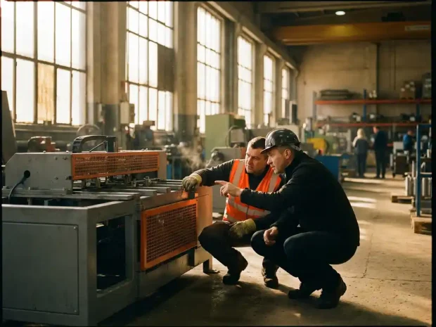 Veiligheidsadviseur en fabrieksmedewerker in hesje inspecteren samen een machinestation op een industriële werkvloer in warm goudkleurig licht.