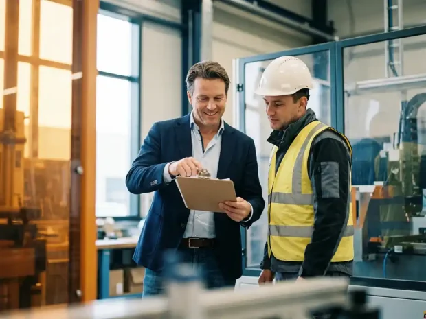 QHSE-adviseur en fabrieksmedewerker met helm bespreken veiligheidsinspectie op klembord in Nederlandse productiefaciliteit.