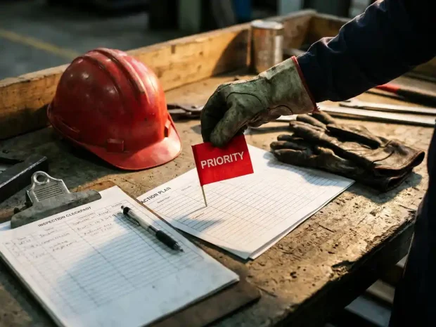 Veiligheidsadviseur plaatst rode prioriteitsvlag op actielijst op industriële werkbank, omringd door helm, klembord en veiligheidshandschoenen.