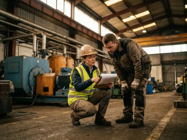 Veiligheidsadviseur en industriële werknemer op fabriekswerkvloer die samen een risicobeoordeling op klembord bekijken.