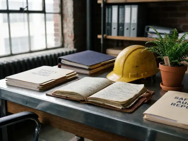 Open leren notitieboek op industrieel bureau met veiligheidsauditrapporten, bouwhelm en groene plant in navy en amber tinten.